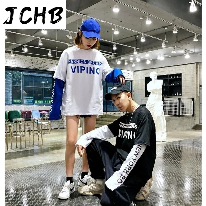 

2021 Fake Two-piece Long-sleeved t Shirt Women Tshirt Harajuku Tops T-shirt Hip Hop Oversized Couple Top New O-neck Koreanwomens