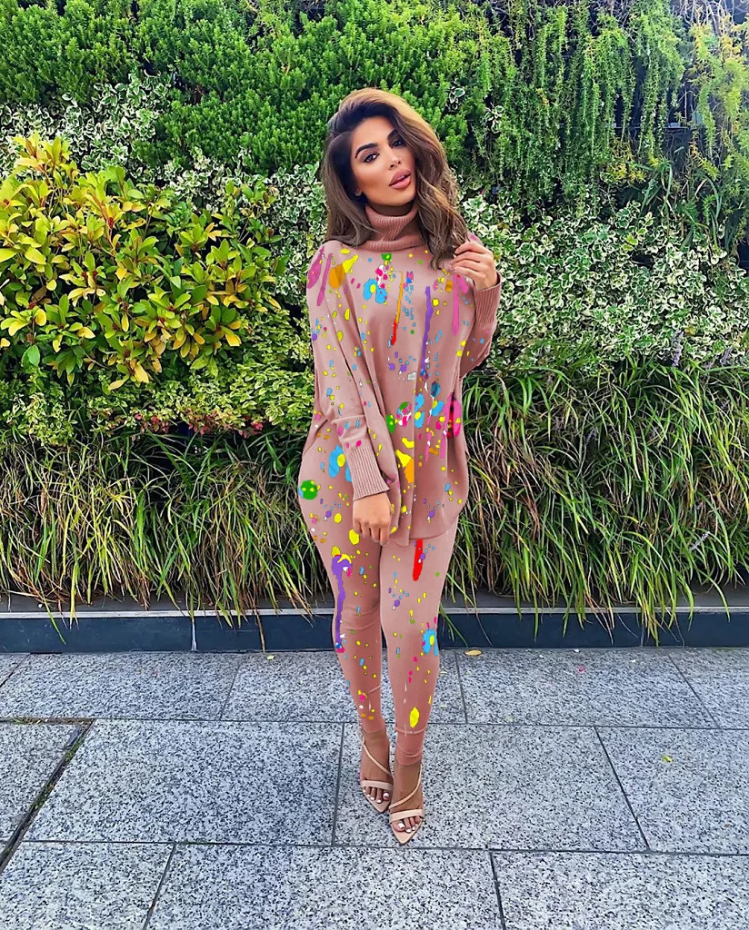 

Ladies Fashion Casual Printed Bat Sleeve Split Top Pants Two-Piece Suit