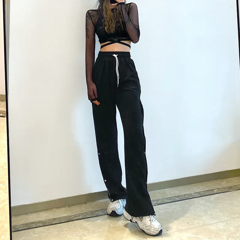 Spring women's features split leopard print stitching four-button elastic high waist tie casual pants trousers