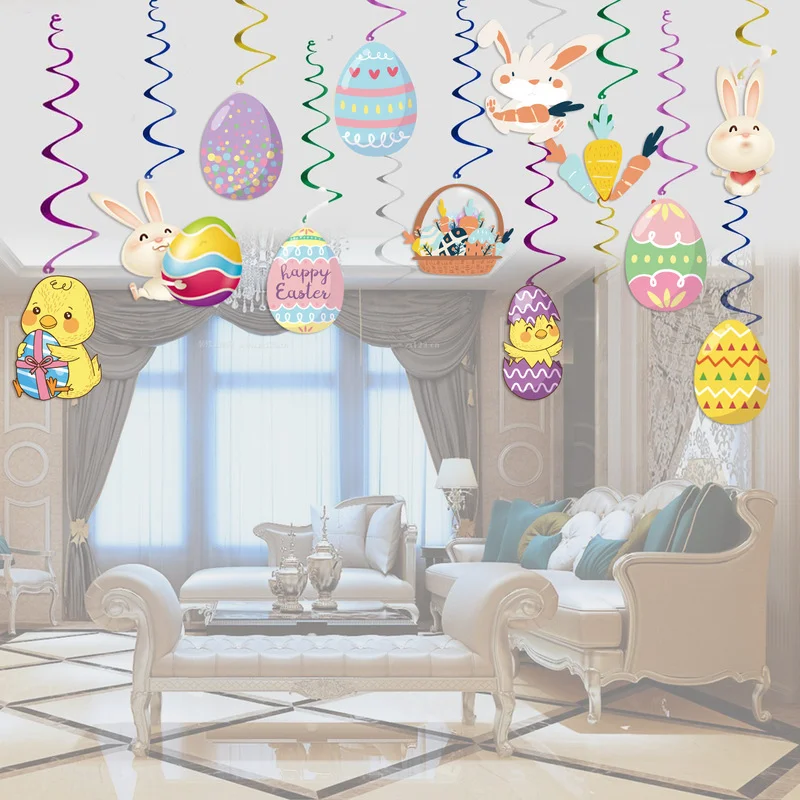 

1pcs Happy Easter Bunny Egg Spiral Pendant Ceiling Hanging Garland Swirl Banner for Easter Party Home Living Room Decoration