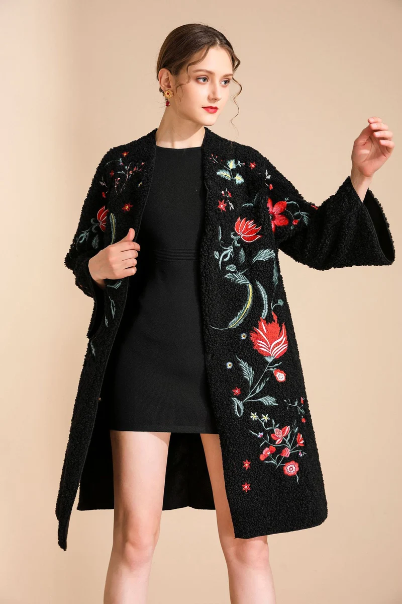 Winter Women's Runway Coat O Neck Long Sleeves Embroidery Lambwool Fashion Designer Coats Outerwear | Женская одежда