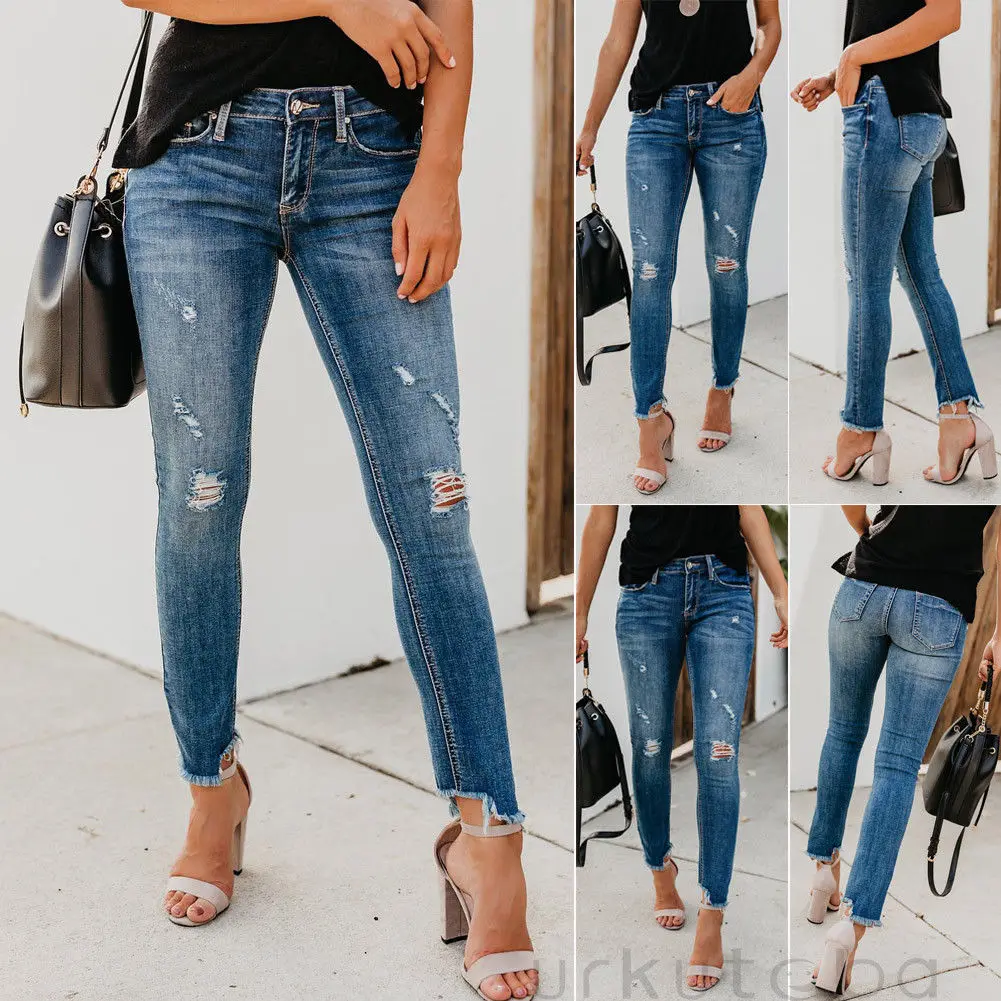 

Women Stretch Ripped Distressed Skinny High Waist Denim Pants Shredded Jeans Trousers Slim Jeggings Laides Spring Autumn Wear