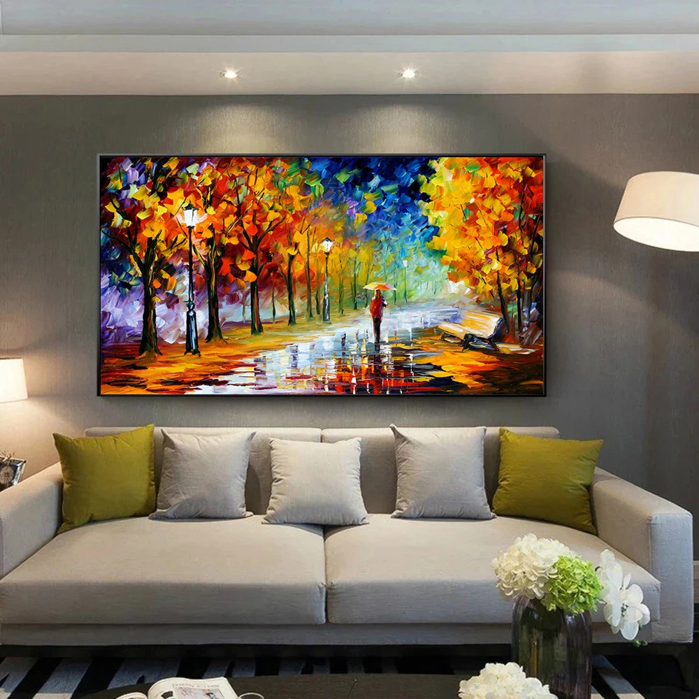 

Landscape Painting Wall Art Oil Painting Lover in The Rainy Light Road Canvas Painting Wall Pictures for Living Room Home Decor
