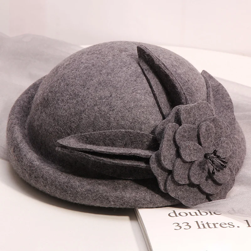 100% Wool Felt Berets Women Autumn And Winter Party Gauze Flower Formal Hat Banquet Grace Woolen Hats | Аксессуары для одежды