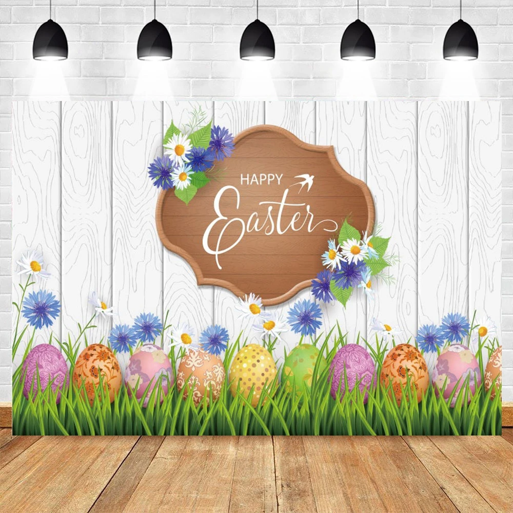

Happy Easter Theme Backdrop Spring Grassland Colorful Eggs Wooden Wall Flower Baby Background Photography For Photo Studio Booth
