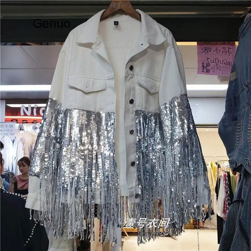 

2020 Autumn Fashion Punk Black Sequins Jacket Beading Tassels Women Jeans Coat Cool Streetwear White Denim Jackets Female Tops