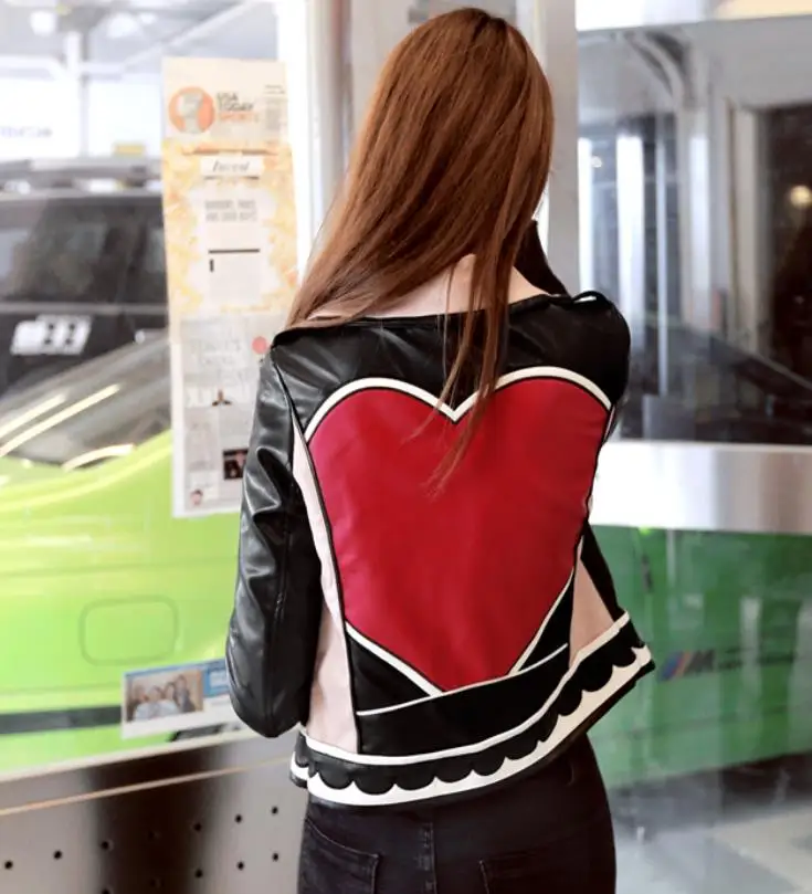 

Уличные кожаные куртки с принтом Love circle, женские тонкие кожаные куртки на молнии с вышивкой F50
