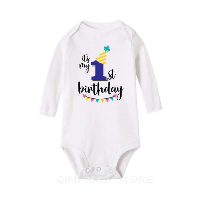 It's My First Birthday/боди для новорожденных, хлопковый боди с длинными рукавами для маленьких мальчиков, Комбинезоны для маленьких девочек, детские комбинезоны для дня рождения, одежда