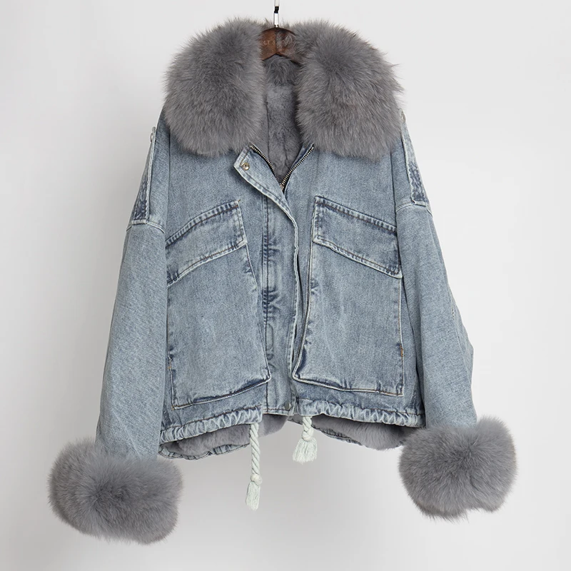 

Женская джинсовая куртка, зимняя парка с воротником из лисьего меха, 2020