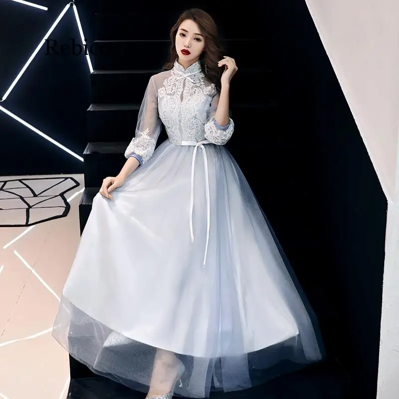 

sky blue half sleeve evening party dress A-line dresses lace Appliques special occasion dresses 2020 gowns vintage elegant