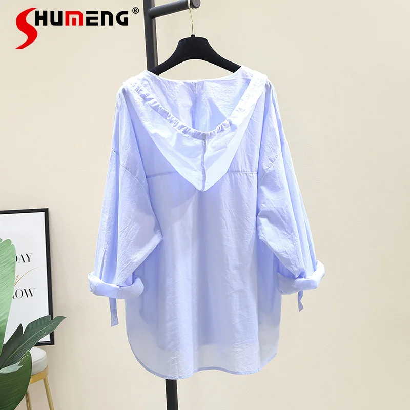 

2021 Summer Ladies Cotton Linen Purple Hooded Shirt Women Korean-Style Loose Casual Sun Protection Blouses Fashion Chic Tops