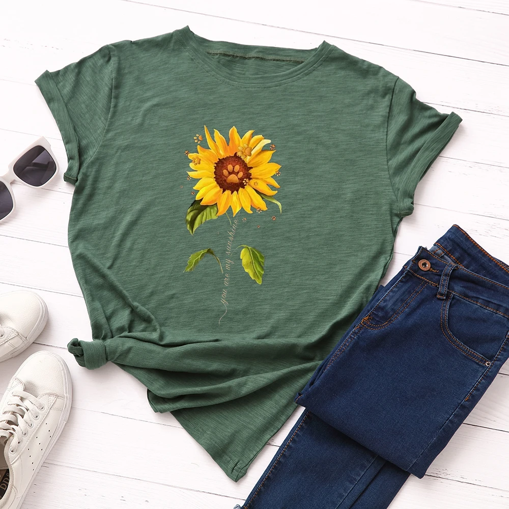

Women Short Sleeve Cotton T-Shirts Graphic Tees Summer Tee Tops for Female Casual Oversized Clothes Paw Sunflower Print Top