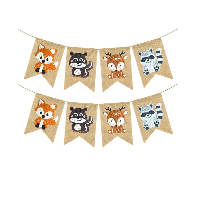 

Animals Burlap Banner Woodland Baby Shower Decoration Fox Squirrel Deer Raccoon Kids Birthday Party Decoration