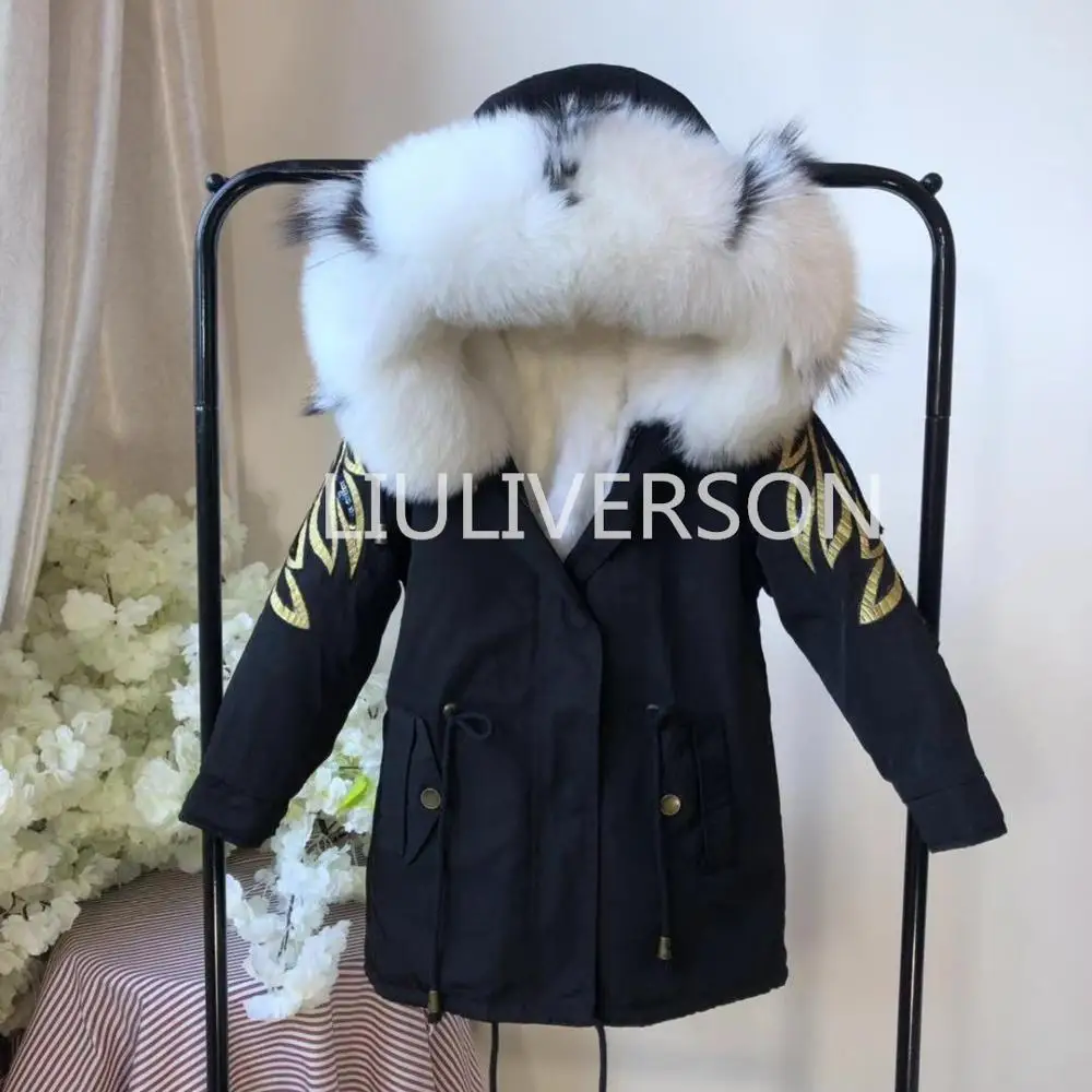 Детские парки с натуральным мехом лисы и кроличьим внутри зимние теплые пальто