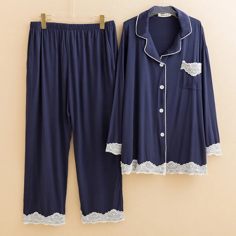 

6XL Long Sleeve Women's Pajamas Set Autumn Winter Sleepwear Loose Cotton Nightwear Lace Fashion Ladies Home Suit Pijama Mujer