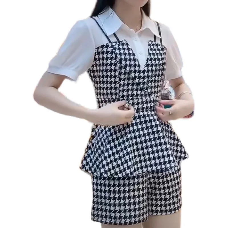 

Summer Fake Two Clothes Women Fashion Ruffle Outfit Female Plaid Patchwork Two Piece Shorts Set Turndown Collar Suit Lady