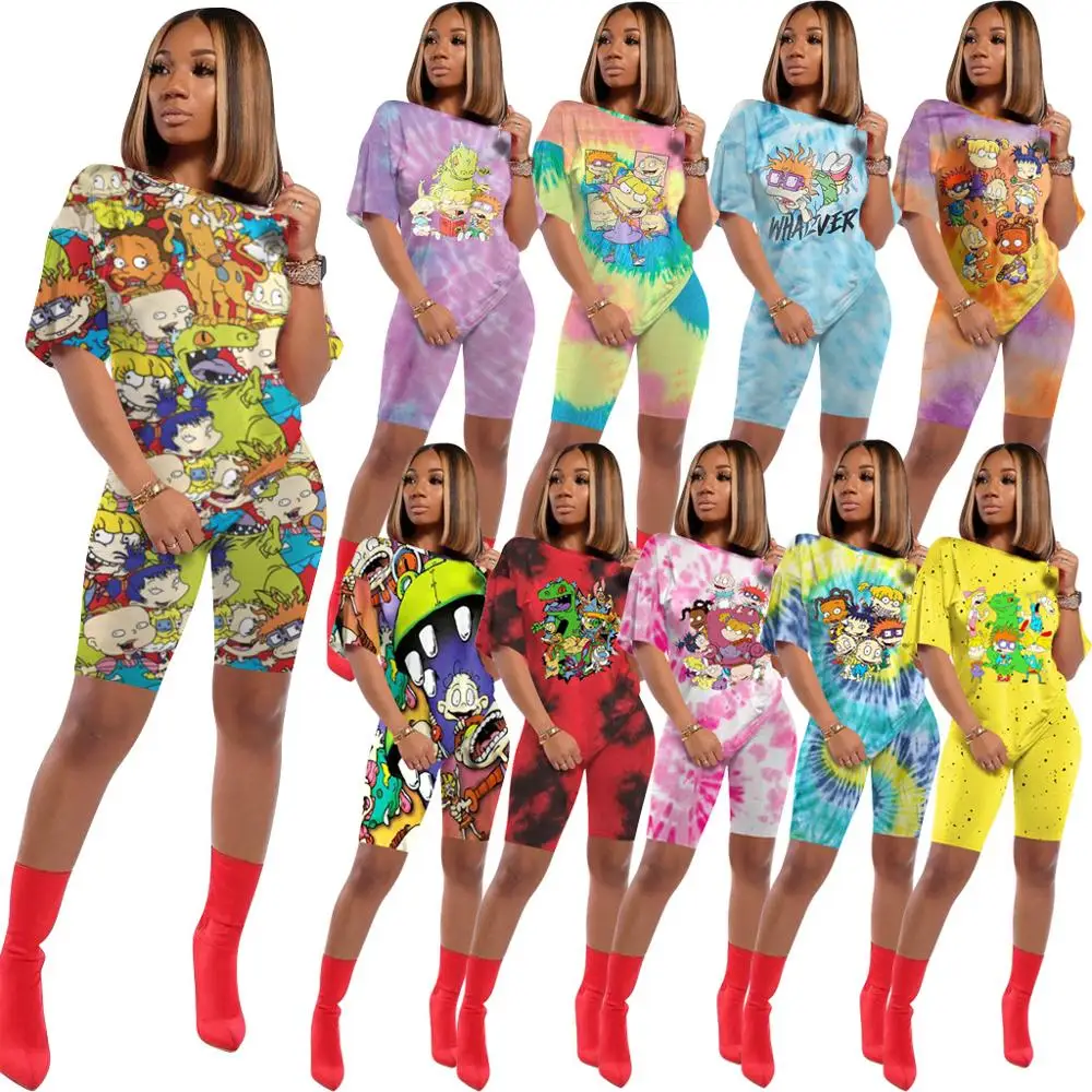 Wjustforu Women's Printed Loose Casual Pants Tracksuit Two Piece Set 10 Colors Summer Short Sleeve Top + Shorts 2 Suit |