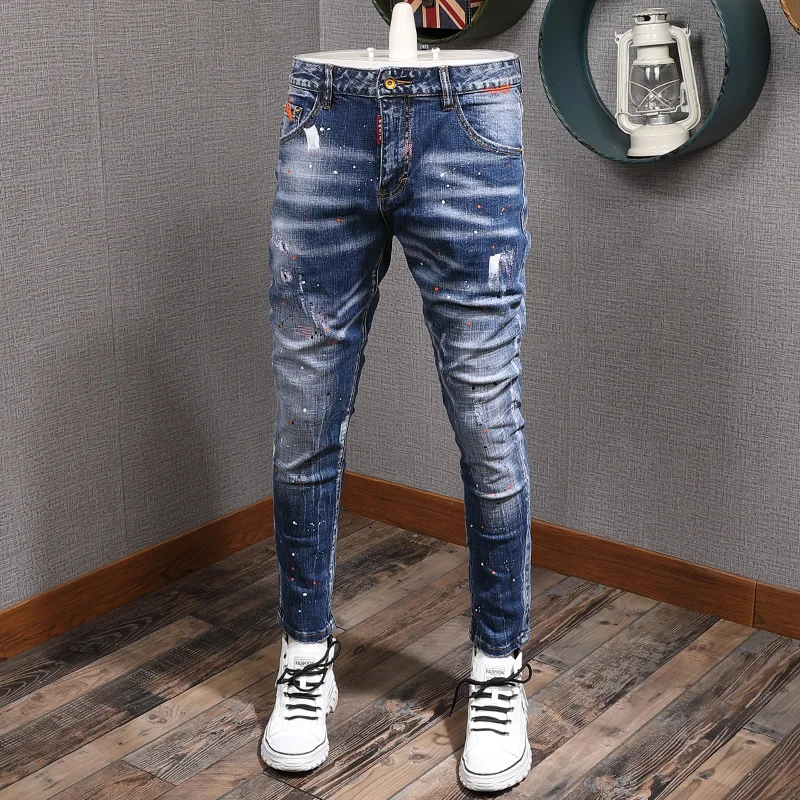 

Fashion Streetwear Men Jeans Retro Blue Slim Fit Paint Designer Jeans Men Night Club Hip Hop Pants Elastic Ripped Jeans Homme