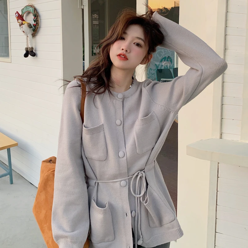 

Korejepo Knit Cardigan Bandage Waist Closed Women's Autumn and Winter 2021 New Design Vintage Casual Sweater Coat Fashion
