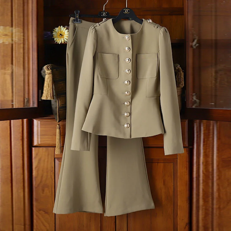 

Fashion Women Suits Pants Tops Office Ladies Trousers Two-piece Professional Wear Female Single Breasted Jacket Flared Pants