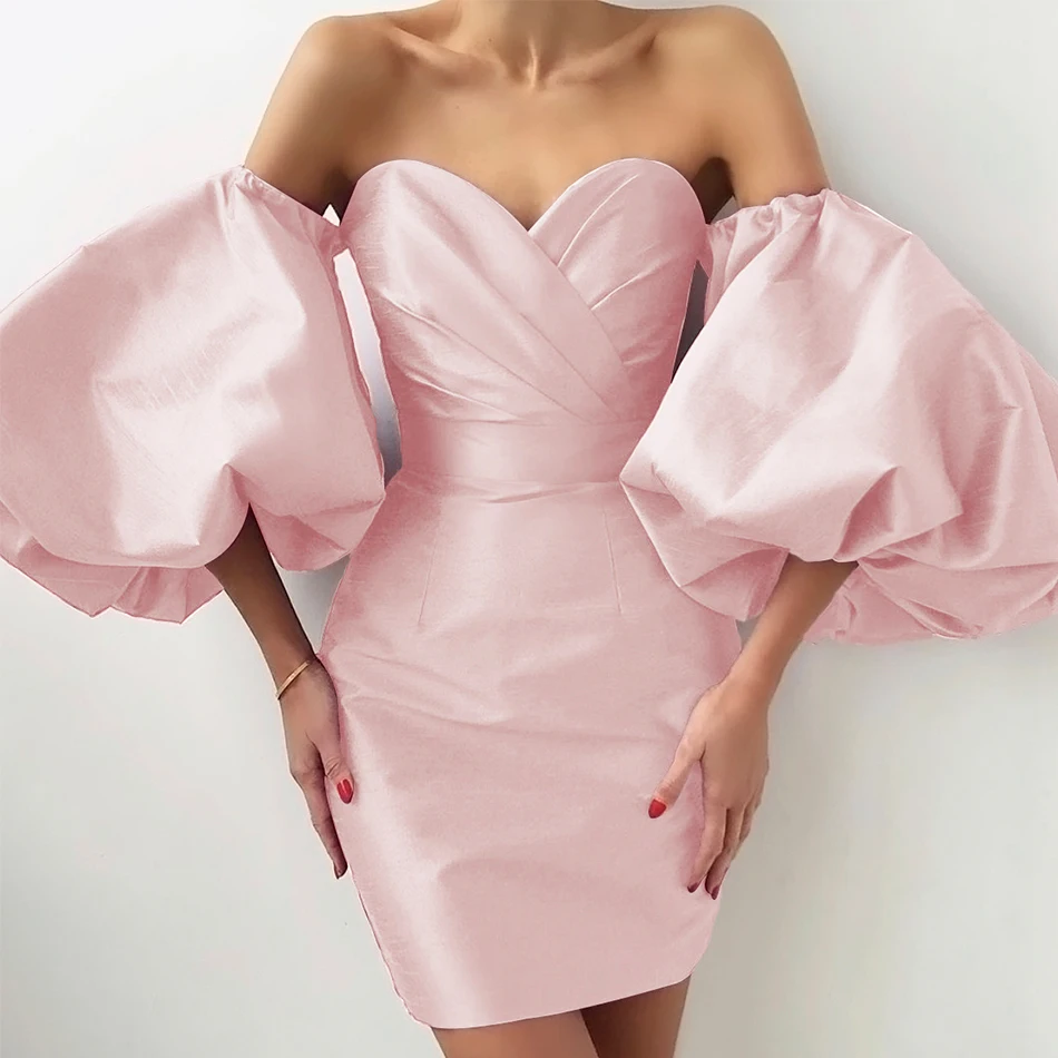 

Adyce 2021 New Summer Off Shoulder Mini Dress Vestido Sexy Women Long Puff Sleeve Pink Draped Club Celebrity Runway Party Dress
