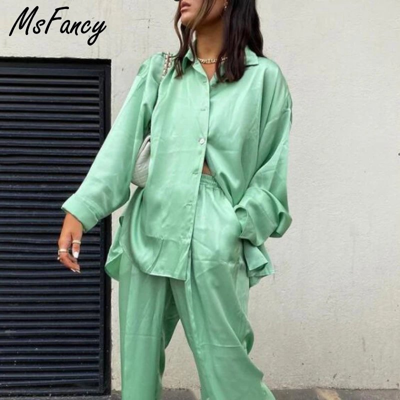 Комплект женский из 2 предметов Msfancy зеленая блузка с длинным рукавом широкие