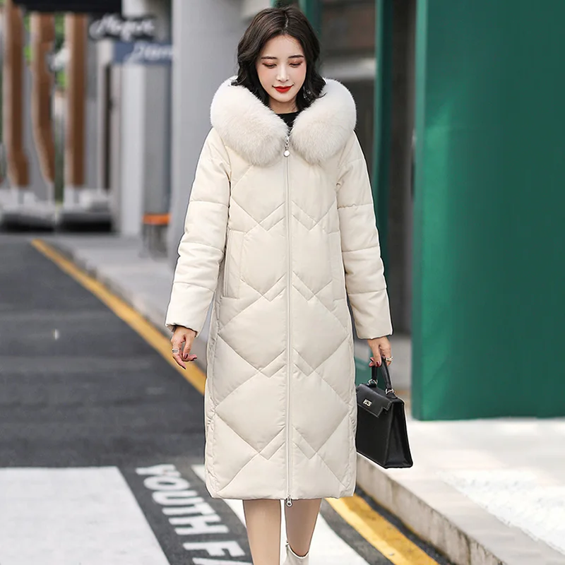 New Women Leather Overcoat Autumn Winter 2022 Fashion Real Fox Fur Collar Loose Long Sheepskin Down Jacket Leather Outerwear
