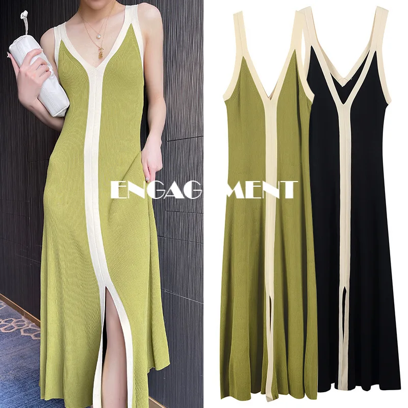 

Женское трикотажное платье с V-образным вырезом и контрастной юбкой