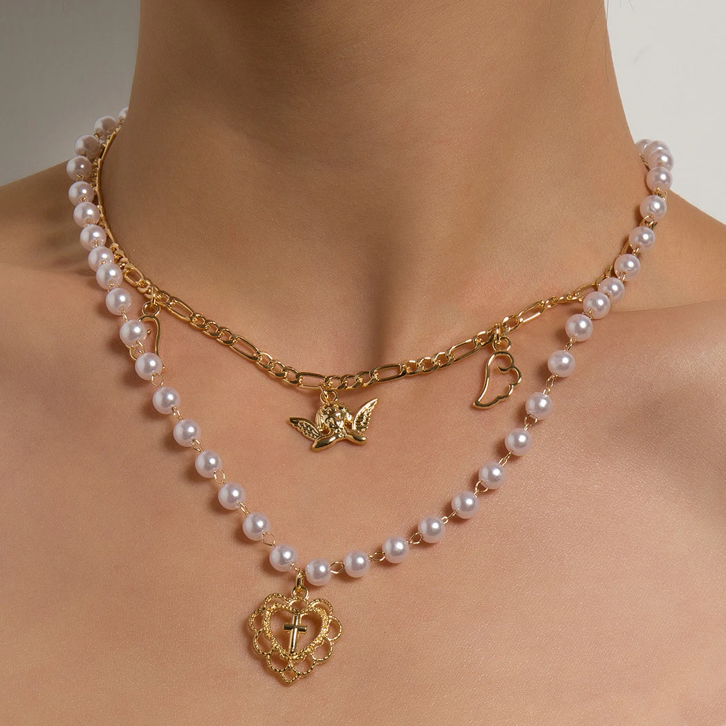 

Boho White Pearl Beads Choker Necklace Set for Women Sweet Cross Heart Angel Pedant Chains Necklace Jewelry Collar Charm Gifts