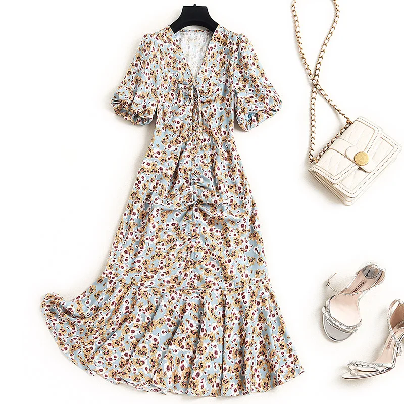 

2021 Summer Temperament V Neck Short Puff Sleeves Stitching Ruffles Women Floral Printed Chiffon Dress