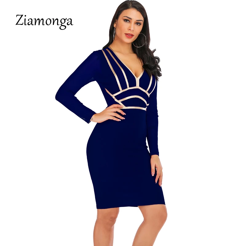 Ziamonga 2019 для женщин Весна с длинным рукавом Бандажное платье Vestidos элегантный Мини