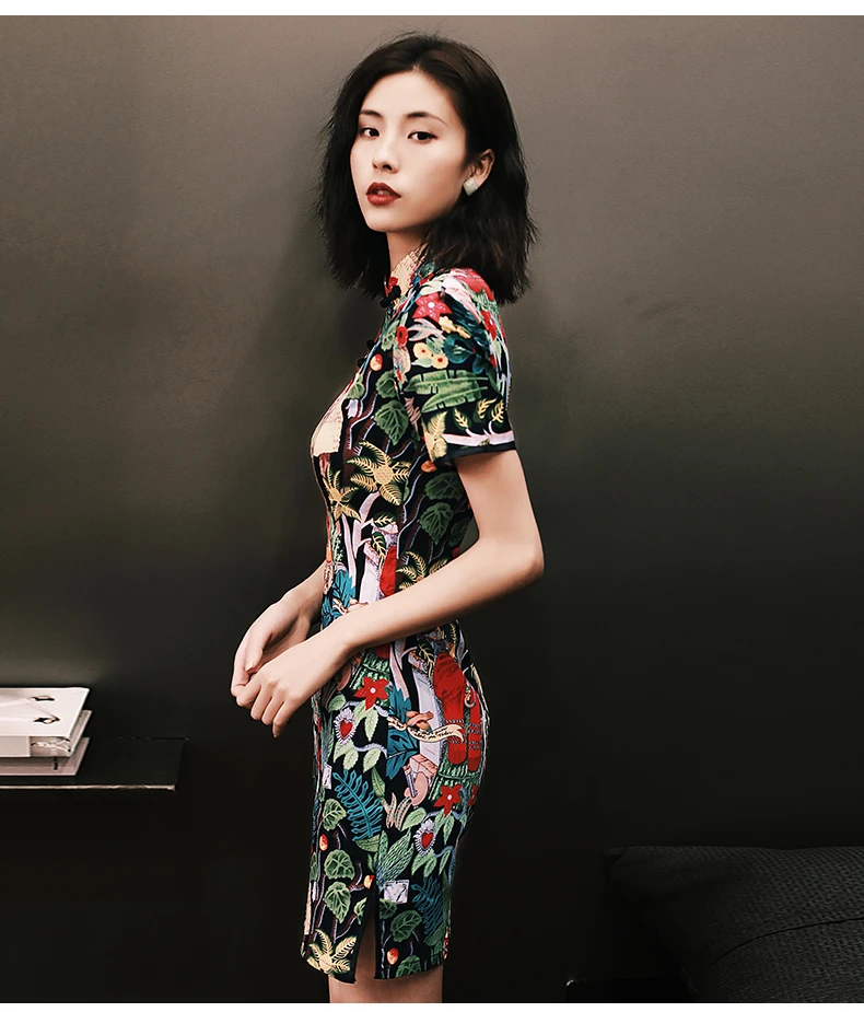 Женское шелковое платье cheongsam с коротким рукавом, Ретро стиль, воротник-стойка, платье cheongsam, цветочный принт, qipao, улучшенное китайское платье