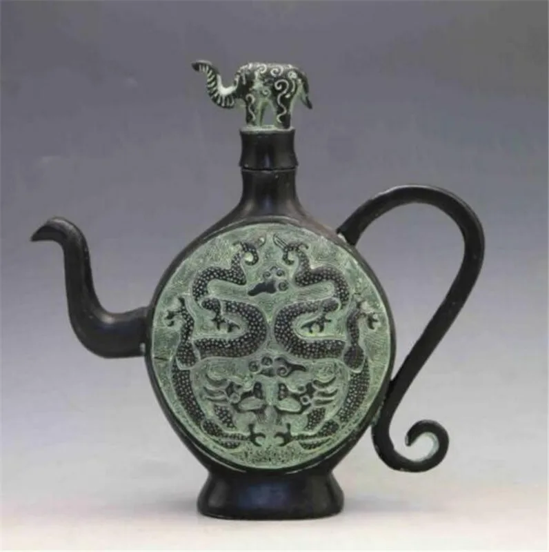 Медная статуя древняя китайская Бронзовая ручная резьба крышка слона чайник