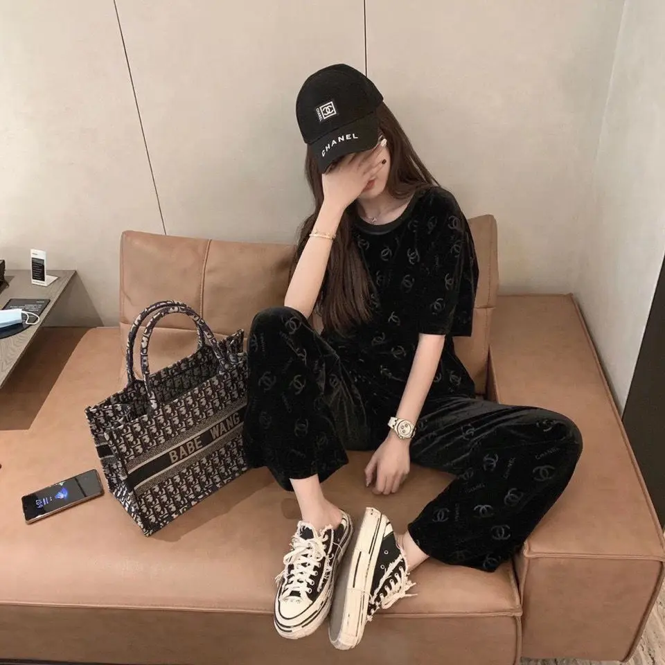 

Top T- shirt Suit Women 's Summer Oversized High Waist Wide-Legged Pants Gold Velvet Stretch T- shirt Straight Stretch Trousers