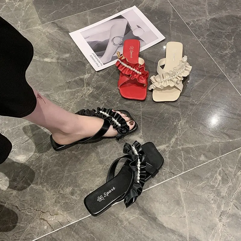 

All-Match Pearl Sandals Clear Heels 2021 Women's Bow Shoes Square Toe Suit Female Beige New Flat Comfort Girls Summer Low Block