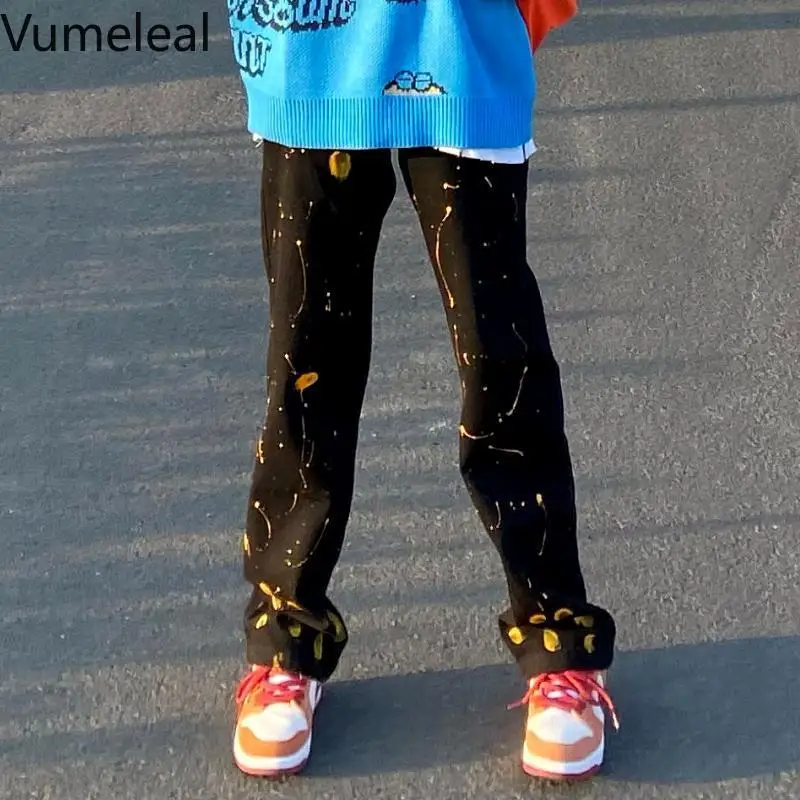 

Женские джинсы с принтом «брызги», популярные уличные свободные прямые брюки-трубы в стиле хип-хоп, универсальные повседневные Готические ...