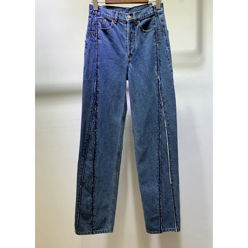 

Модные осенне-зимние женские прямые джинсы с высокой талией из потертого хлопка в стиле пэчворк 11.20