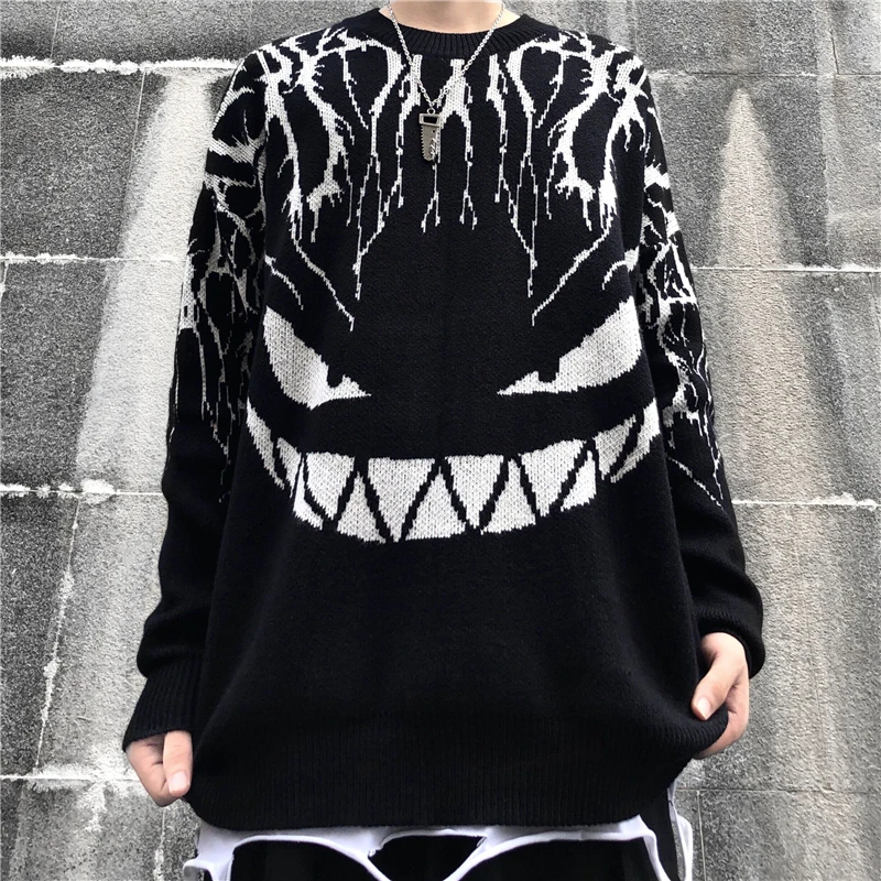

New Winter Retro BF Wind Knitted Sweater Coat Demon Jacquard Ins Trend Casual Harajuku Street Style Dark Black Top Loose