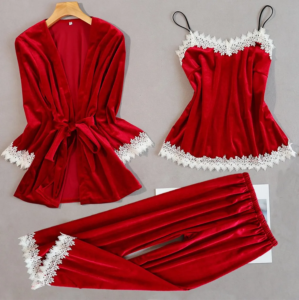 

Women Kimono Bathrobe Gown Velour Sleepwear 3PCS Pajamas Suit Intimate Lingerie Autumn New Nightwear Casual Lace Home Clothes
