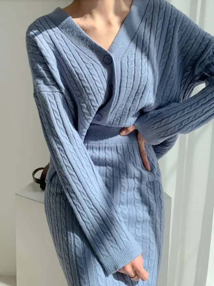 

Элегантный шик костюм пикантные жилетка со жгутами и с v-образной горловиной, пэчворк вязаный свитер женский + облегающая юбка с высокой тал...