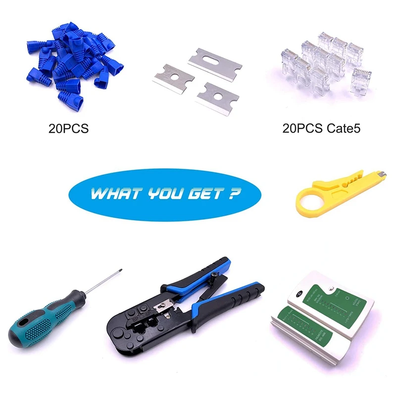

RJ45 Crimping Tool, Cut, Strip Tool with Cable Tester, Cat5 Connectors,Covers,Network Wire Stripper and Space Blades