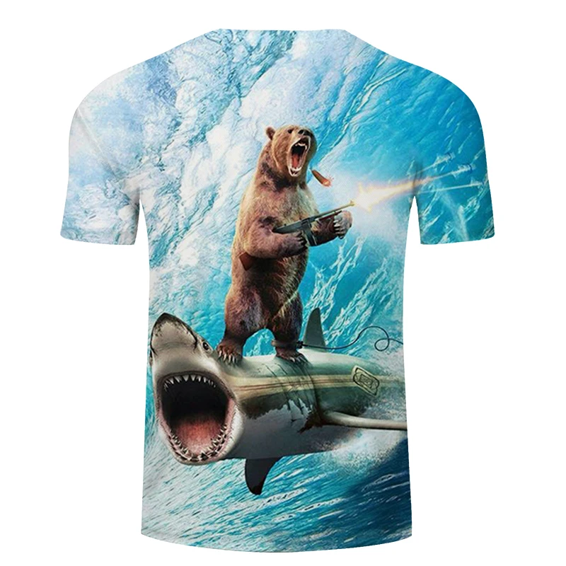 Футболка с объемным медведем и акулой Мужская футболка забавная топы летняя
