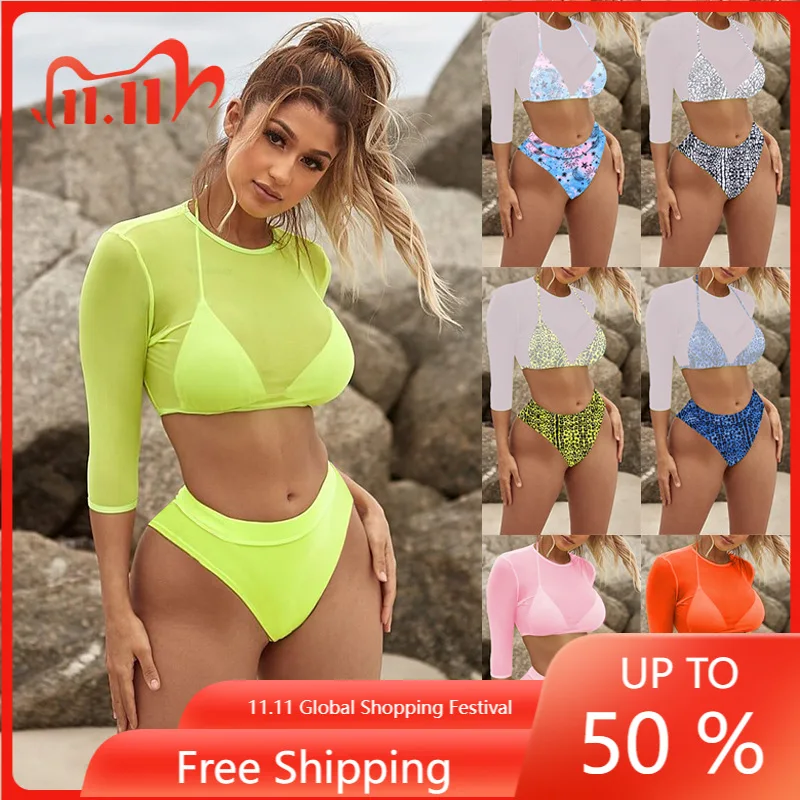 

2021 Swimsuit Mesh Three-piece Bikini Split Swimsuit High Waist Sexy Long-sleeved Swimsuit Sunscreen Surfing Bathing Suit Women