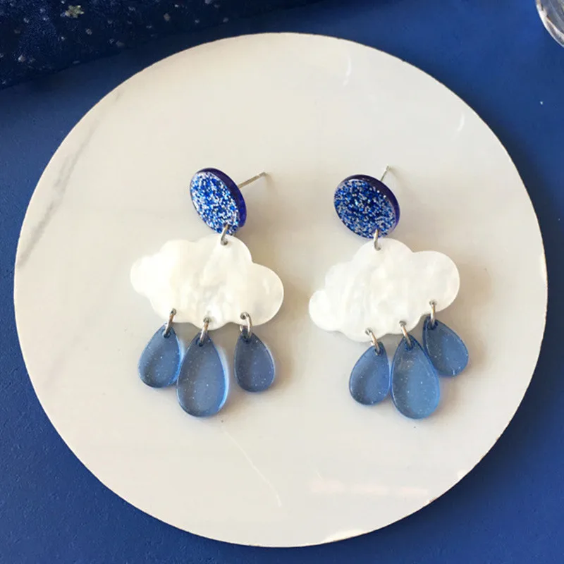 Корейские модные серьги с белым облаком и голубым бантом милые в виде двух звезд