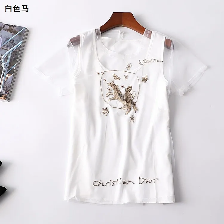 Новый топ с коротким рукавом круглым вырезом и вышивкой животных трикотажная