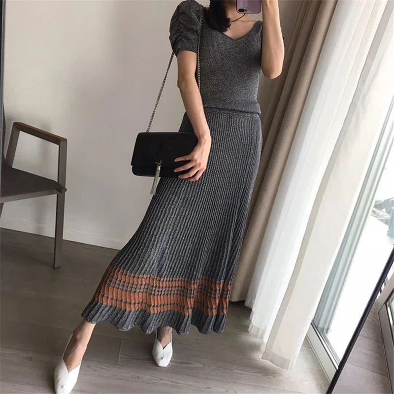 Женский трикотажный костюм в полоску с люрексом комплект из 2 предметов футболка