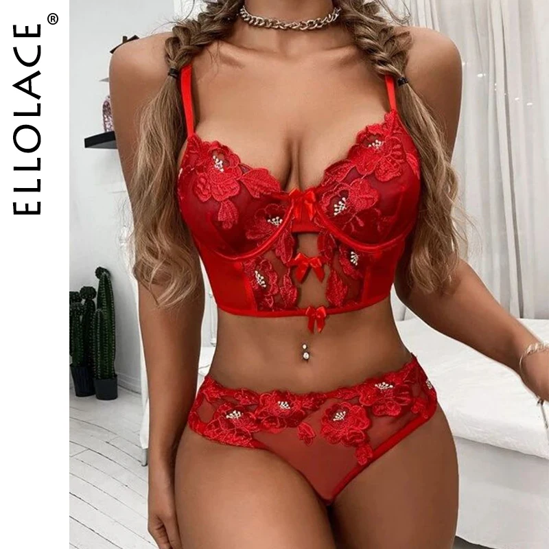 

Ellolace, красный комплект, Женский комплект из 2 предметов, сексуальное нижнее белье с цветочным кружевом, эротическое необычное нижнее белье с...