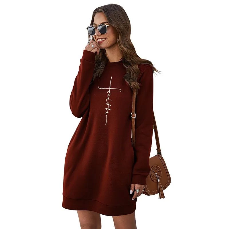 

Mini Dress Women Fashion Long Sleeve O-neck Faith Letter Embroidery Print Pullover Sweatshirt Dresses Lady Casual Loose Vestido