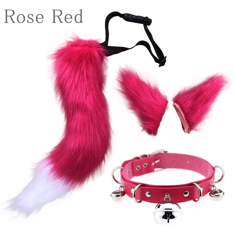 

2021Fox Cat Ears Clips And Tail Set Bell Rivet Neck Collar Plush Cosplay Party Anime Accessories Halloween Party Role Play Suits