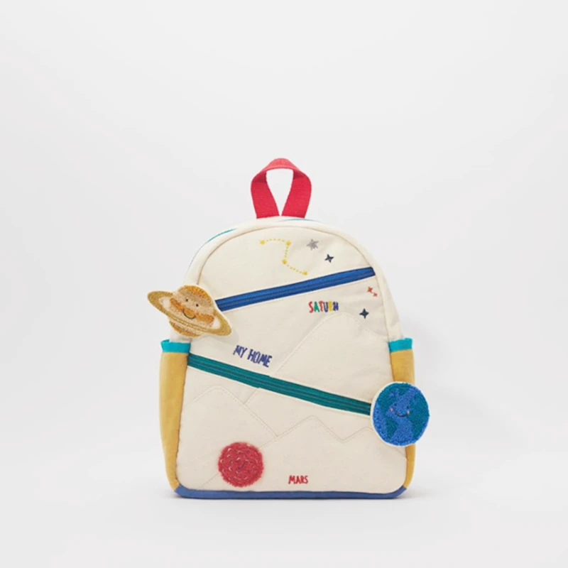 2020 New Children's Stitching Cotton Canvas Earth Star Ball Embroidery Backpack Cute Girl Color Matching Casual Small School Bag